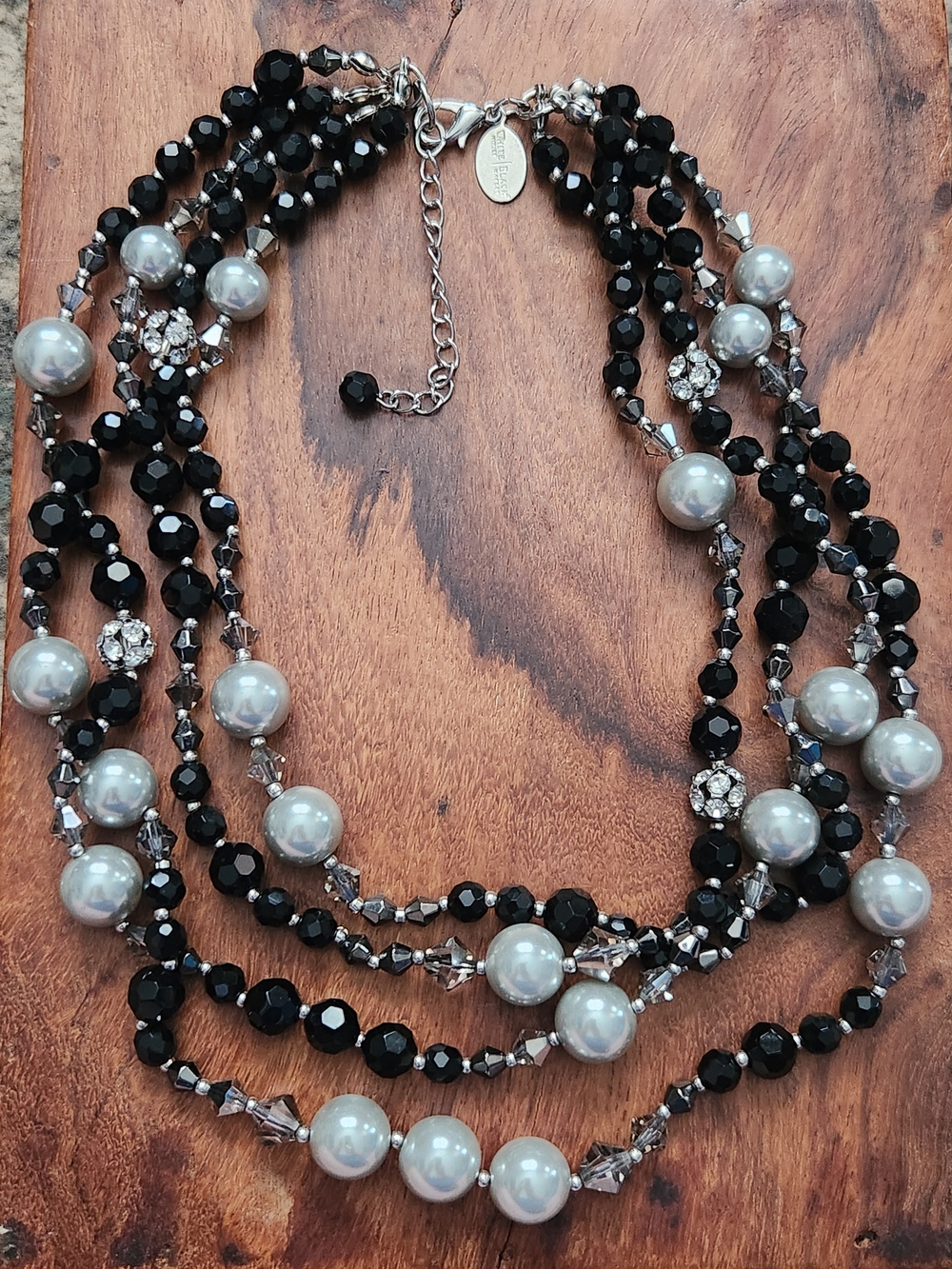 White House Black Market WHBM Four Strand Dress Necklace Black White Silver